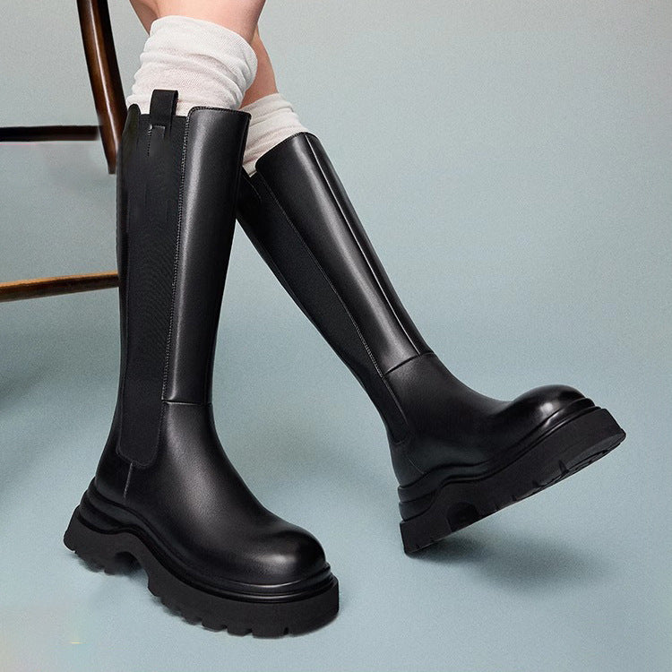 Black Knee-High Thick-Soled Knight Boots Sleeve Chelsea Boots for Women 2025 Autumn and Winter New High Fashion Boots