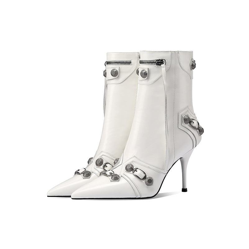 European and American pointed rivet ankle boots new black side zipper fashion stiletto heel punk style boots motorcycle boots