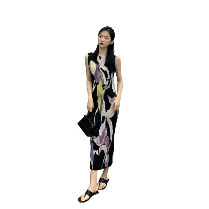 In Stock Miyake Dress Printed Elegant Elegant High-End Loose Slimming Look Elegant Round Neck Sleeveless Pleated Skirt