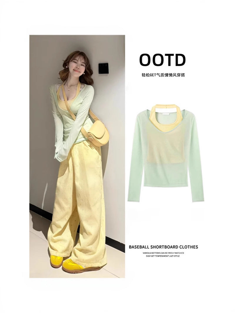 Mint Green Blouse Tulle Sling Top Two-piece Suit Summer Mesh Long-sleeved Women's Spring Dopamine Wear