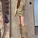 European and American Style Trendy Women's Retro Pointed Toe Stiletto High Heel Boots with Ruched Two-Way Wear Slouch Boots in Khaki Gray Long Boots