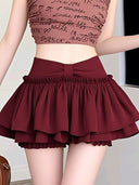 Pure Desire Ballet-Style Red Puffy Skirt for Women, High-Waisted A-Line Tiered Skirt, Anti-Exposure Mini Skirt for Petite Figures