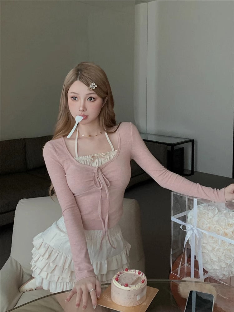Pure Wind Sweet Spice Girl Fake Two-piece Long-sleeved T-shirt Women's Spring Neck-hanging Pink Slim-fit Sunscreen Short Chic Top