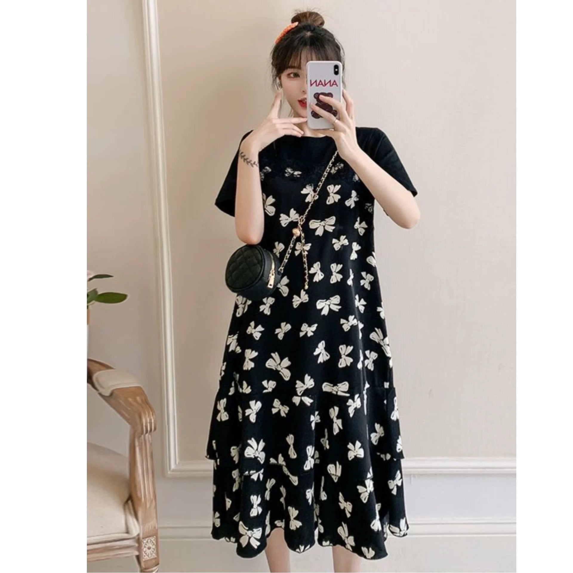 Fake Two-Piece Dress for Women 2026 Summer New French Floral Long Dress Loose Slimming Tea Break Dress Patchwork Dress