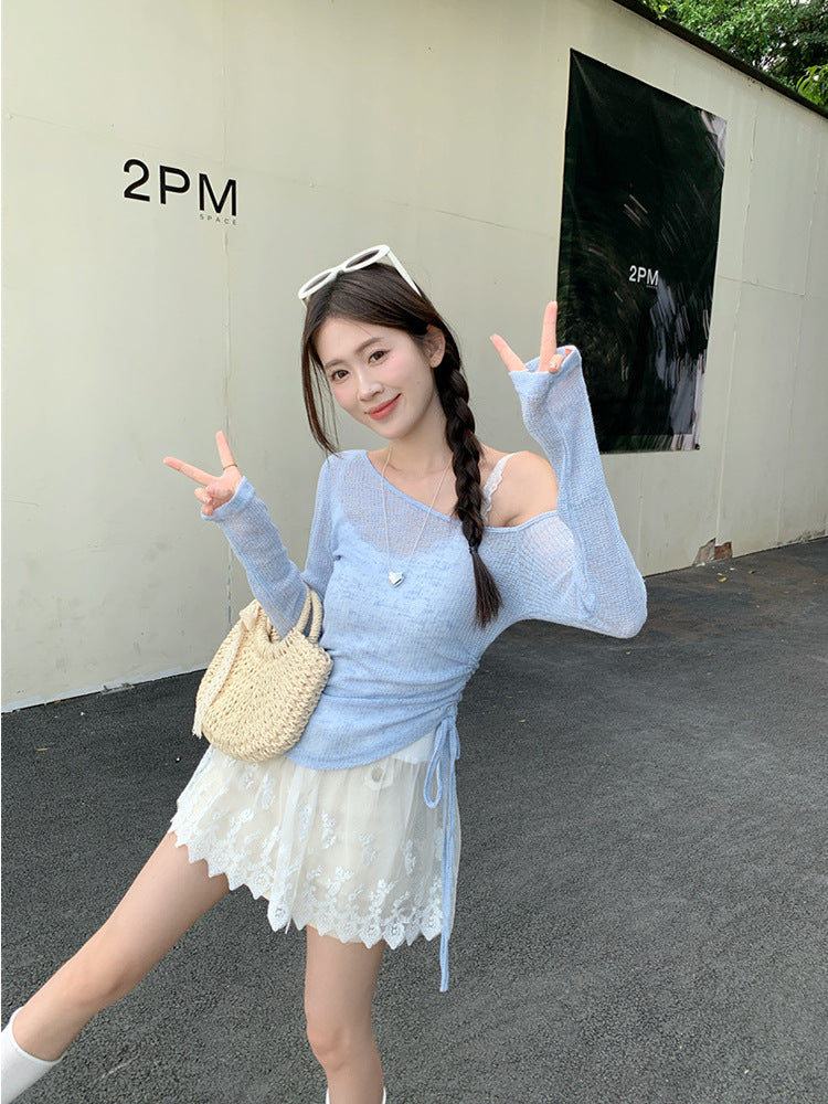 Summer Chic Korean Style Vacation Style Lace Camisole Shoulder-exposed Drawstring Thin Long-sleeved Sunscreen Blouse for suit Women