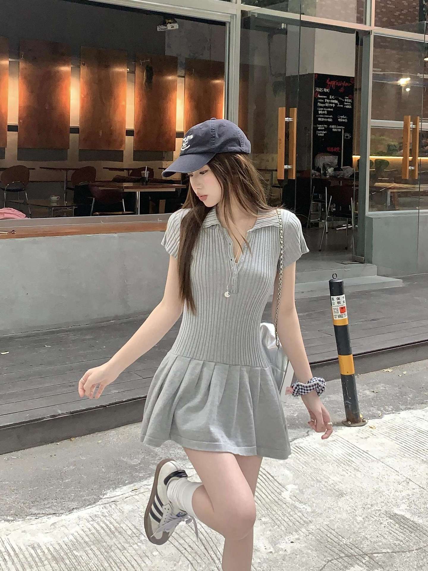 Grey Polo Neck Short-sleeved dress Women's Summer Slim-fit Tight Waisted Short Skirt Small Hot Girl Slim A- line Skirt
