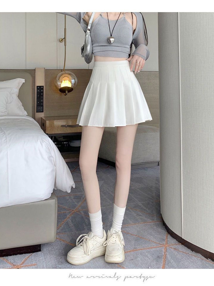 High-Waisted A-Line Slimming Pleated Skirt Versatile Short Skirt for Women, College Style Korean Version Solid Color Anti-Exposure Skirt Wholesale