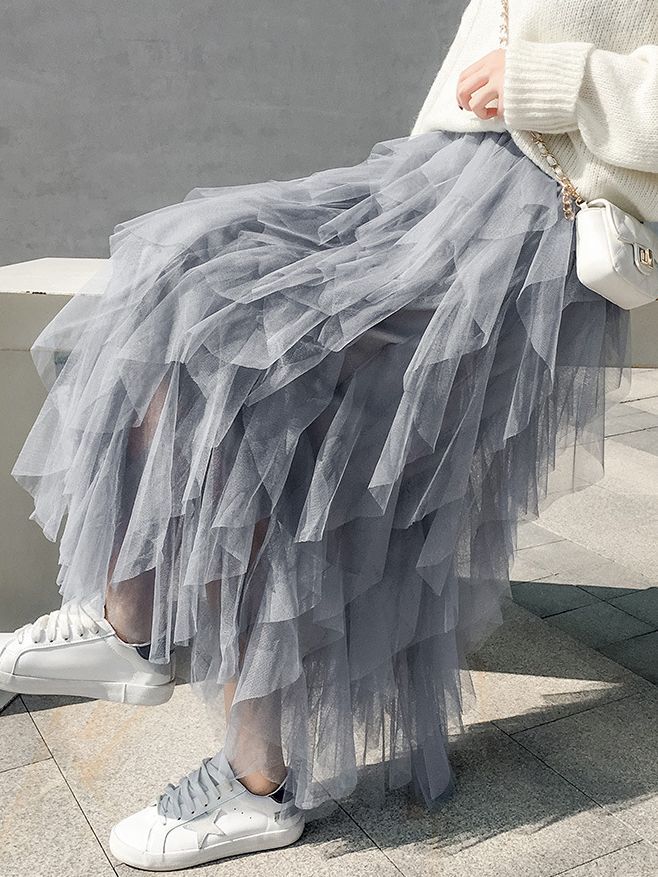 Spring and Summer Korean Style Elastic Waist Fashionable and Versatile Slimming Mesh Splicing Irregular Mid-Length High-Waisted Skirt