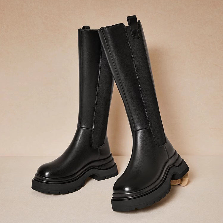 Black Knee-High Thick-Soled Knight Boots Sleeve Chelsea Boots for Women 2025 Autumn and Winter New High Fashion Boots