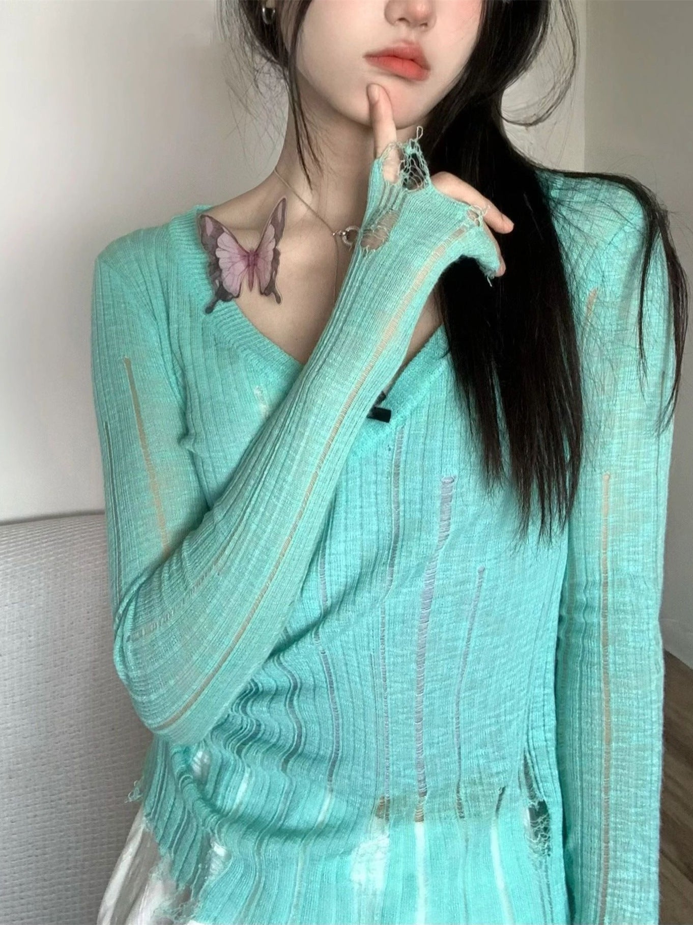 Pure Desire Style Small Hollow-out Lazy V-neck Thin Blouse Hole Sexy Waist Wool Sweater Long-sleeved Slim-fit Top for Women