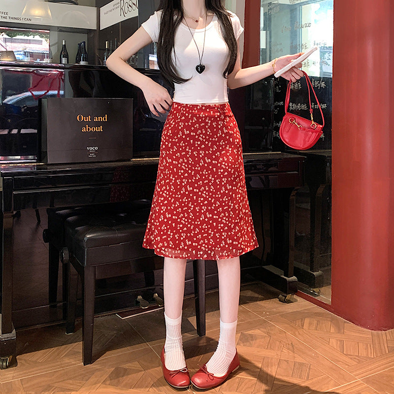 Korean-Style Floral Chiffon High-Waisted Hip-Hugging Skirt for Women, 2025 Summer New Sweet and Elegant Casual Slimming Long Skirt