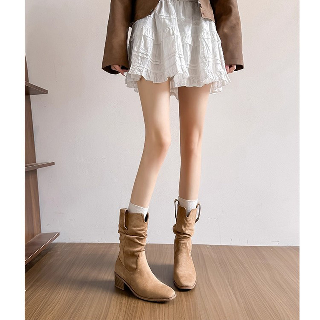 Retro Thick Heel Mid-Calf Boots for Women 2023 New Spring, Autumn and Winter Niche Western Cowboy Shoes Slim Short Boots