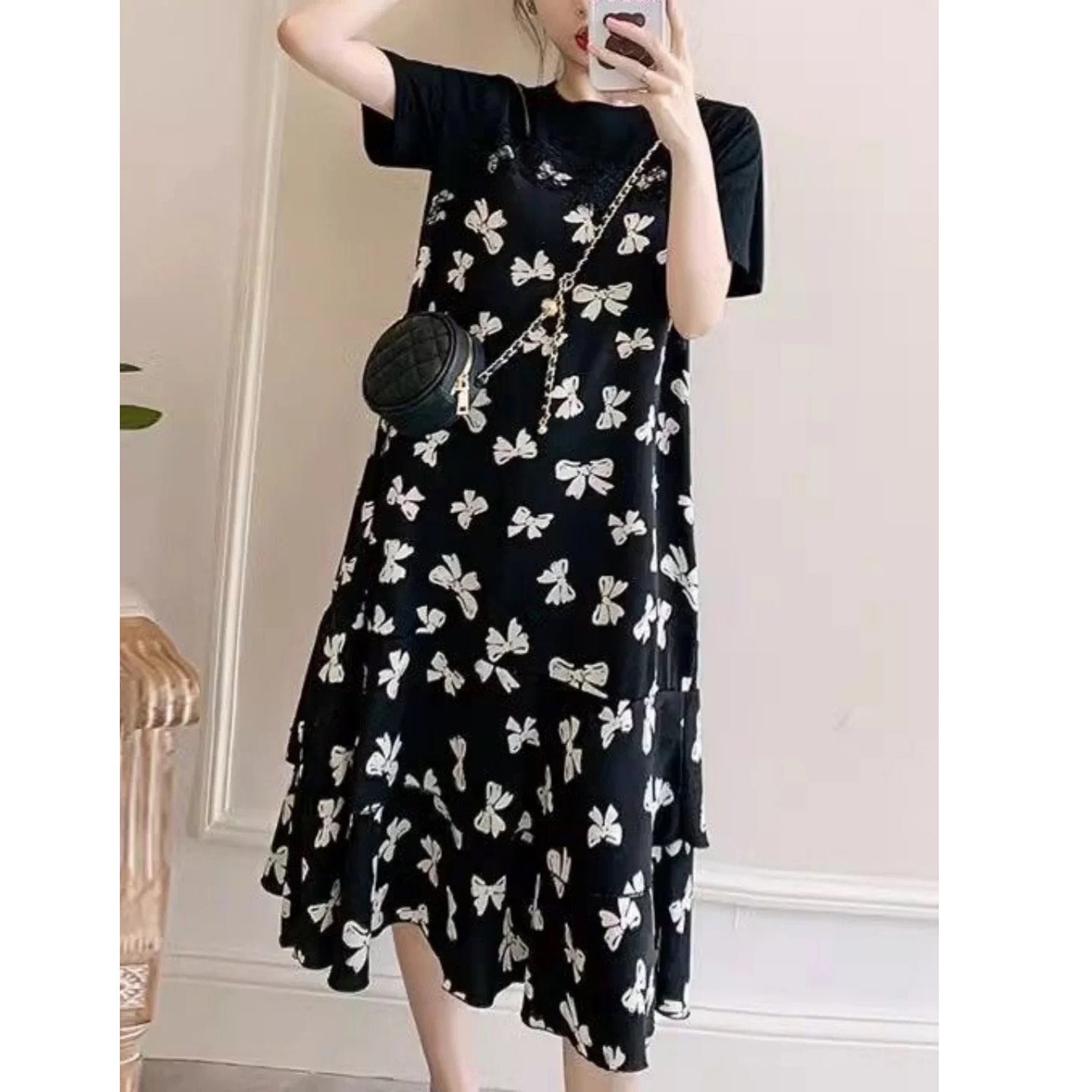 Fake Two-Piece Dress for Women 2026 Summer New French Floral Long Dress Loose Slimming Tea Break Dress Patchwork Dress