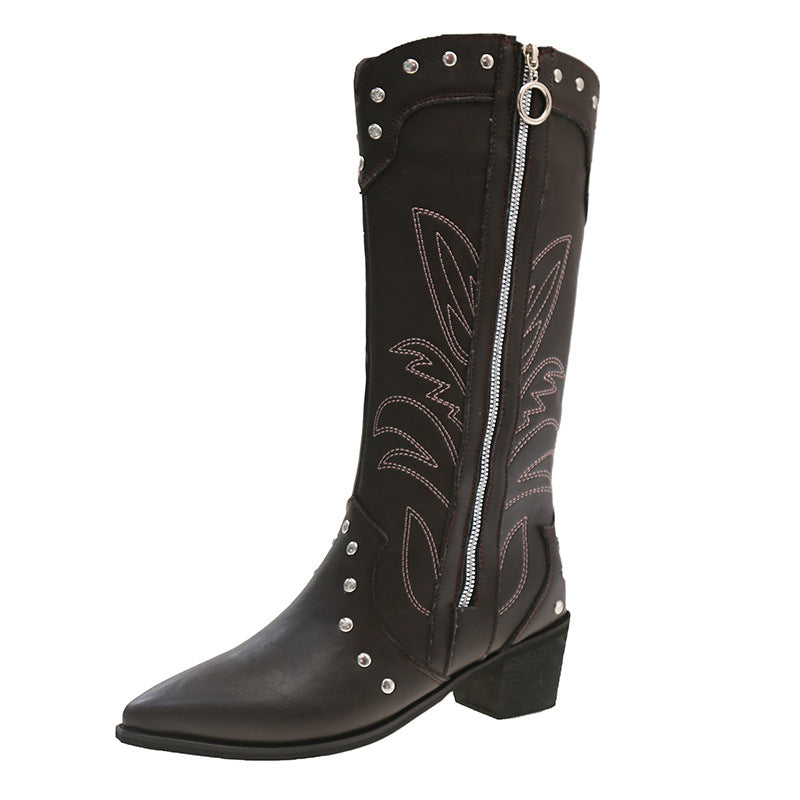 Retro Pointed Toe Thick Heel Western Cowboy Boots for Women 2025 New Side Zipper Rivet Embroider V-Mouth High Knight Boots
