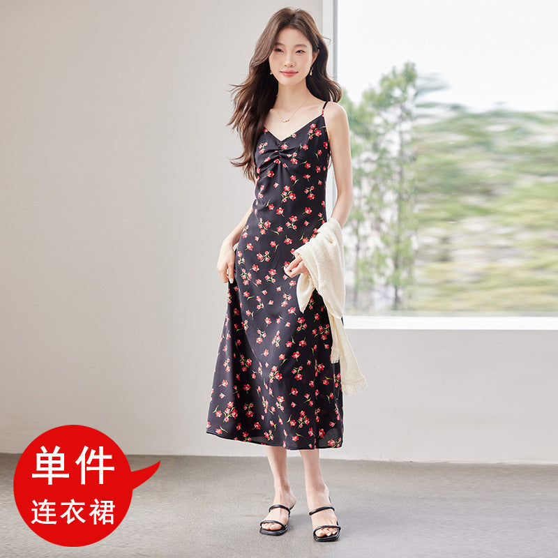 Fairy-Like Ultra-Fairy Style Spaghetti Strap Floral Dress Cardigan Elegant Petite Outfit Complete Chiffon Women's Dress