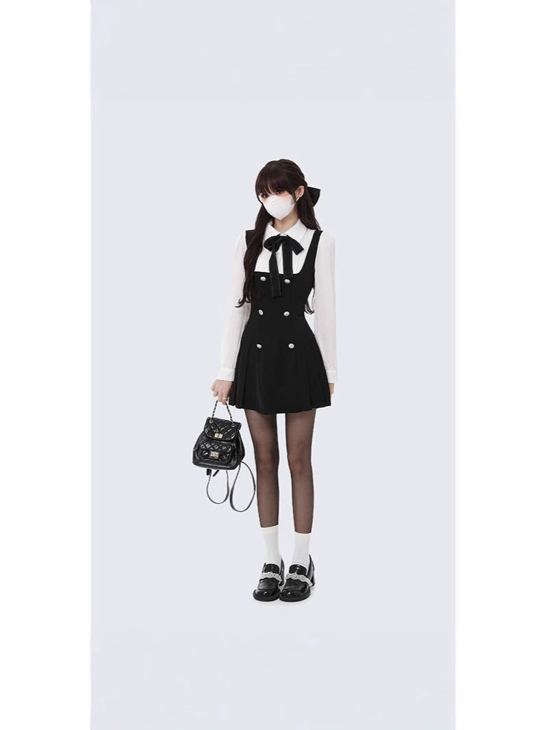French dress Autumn Fake Two-piece Long-sleeved Slim 2025 New College Style Bow Fake Two-piece dress