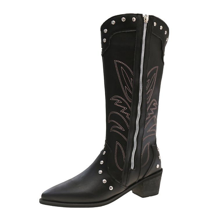 Retro Pointed Toe Thick Heel Western Cowboy Boots for Women 2025 New Side Zipper Rivet Embroider V-Mouth High Knight Boots