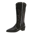 Retro Pointed Toe Thick Heel Western Cowboy Boots for Women 2025 New Side Zipper Rivet Embroider V-Mouth High Knight Boots