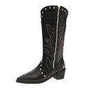 Retro Pointed Toe Thick Heel Western Cowboy Boots for Women 2025 New Side Zipper Rivet Embroider V-Mouth High Knight Boots