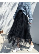 Spring and Summer Korean Style Elastic Waist Fashionable and Versatile Slimming Mesh Splicing Irregular Mid-Length High-Waisted Skirt