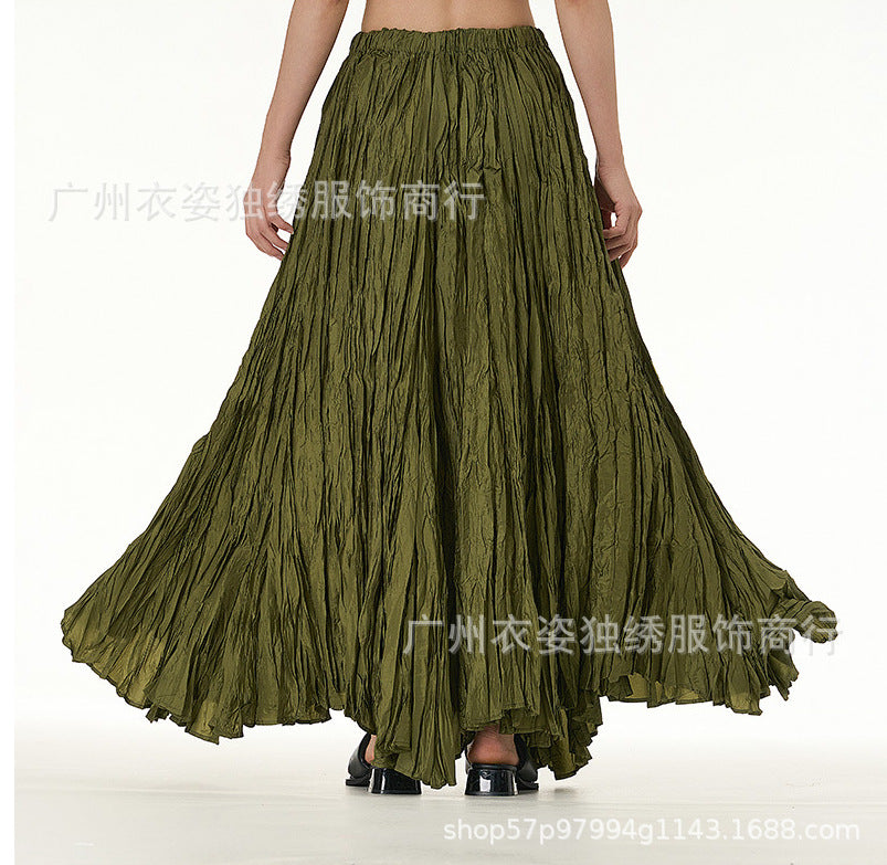 Amazon European and American Style Simple Crinkled Midi Skirt 2026 Summer New Fashion Brand Women's Clothing Trendy Versatile Oversized Flared Skirt