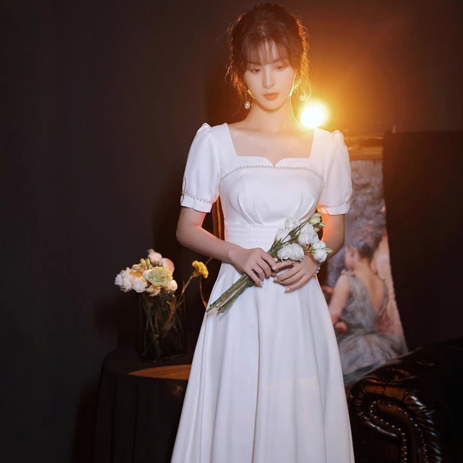 Registration Dress French Square Collar Dress White Dress Daily Wearing Engagement dress White Slim Dress