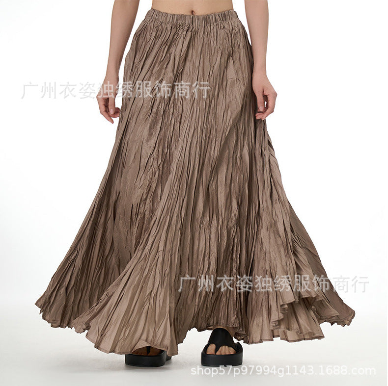Amazon European and American Style Simple Crinkled Midi Skirt 2026 Summer New Fashion Brand Women's Clothing Trendy Versatile Oversized Flared Skirt
