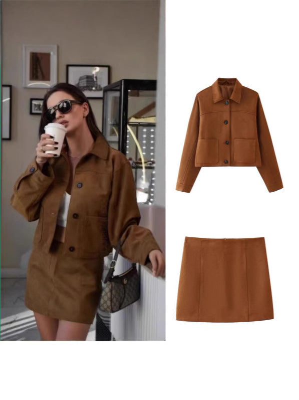 Foreign Trade Wholesale European and American Style Women's New Fashion Versatile Deerskin Velvet Short Jacket Jacket Short Skirt Suit