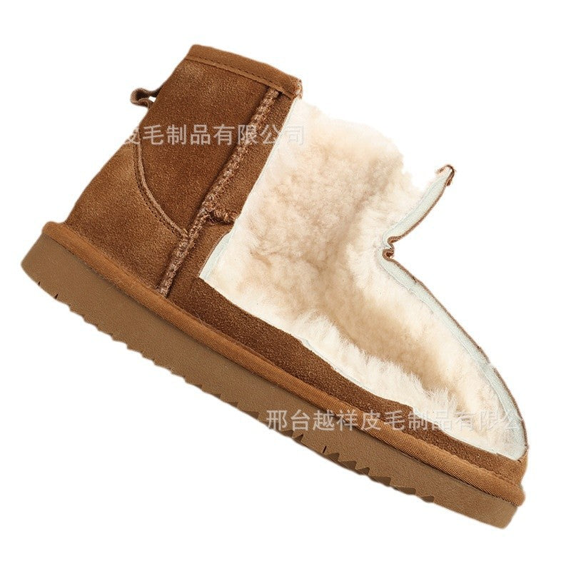 Sheepskin thick-soled snow boots women's winter fur one-piece short tube warm men's waterproof non-slip thick large cotton shoes