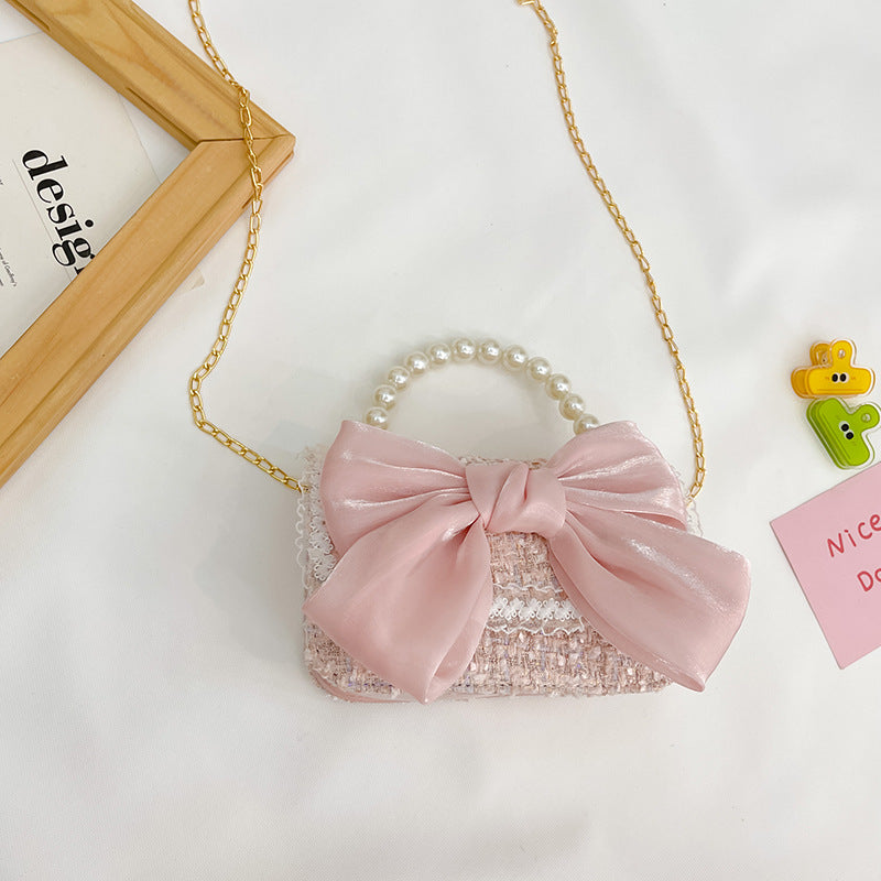 New Korean Fashion Woolen Cotton Linen Women's Children's Bow Pearl Handbag Handbag Women's Bag