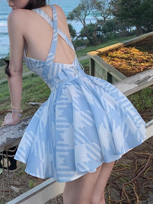 Backless Cross-Back Puffy Mini Dress