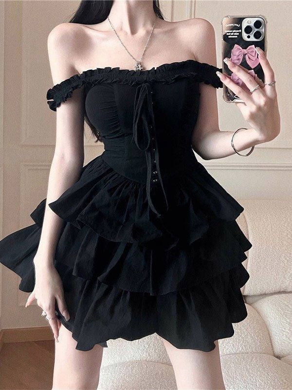 French Sweet and Spicy Black Dress, Chic and Beautiful Summer Dress with Discreet Design, Princess Suspender Puffy Skirt