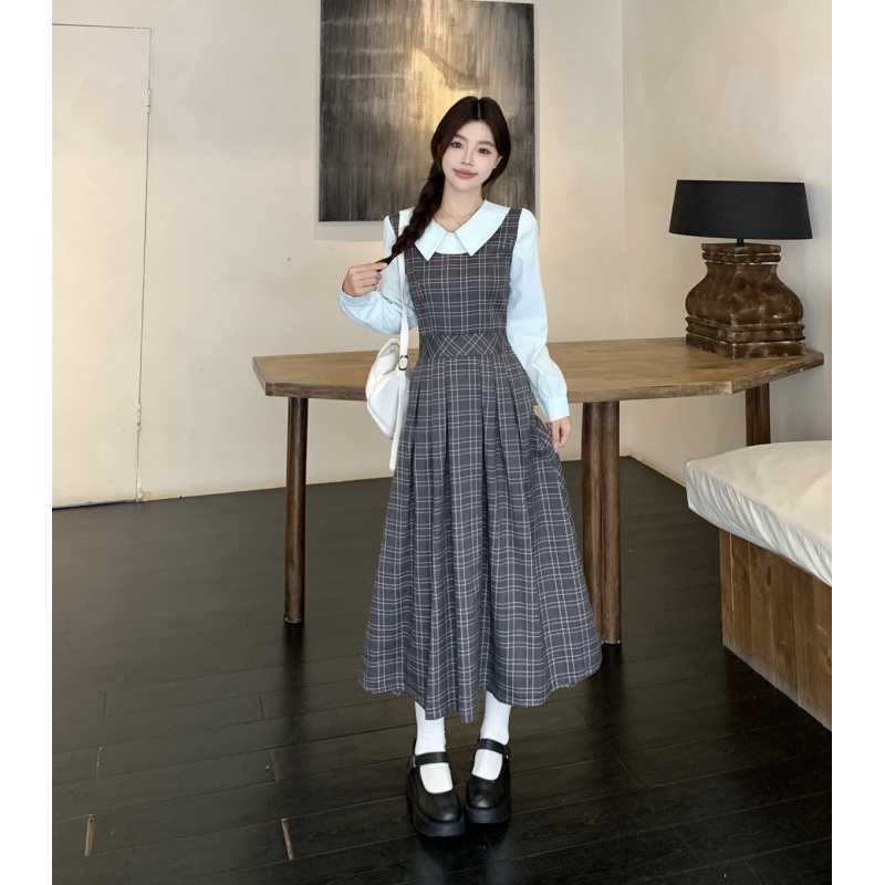 Real Shot~2025 Autum Plus Size Fat mm Slimming Look Color Matching Fake Two-Piece Design Long Dress