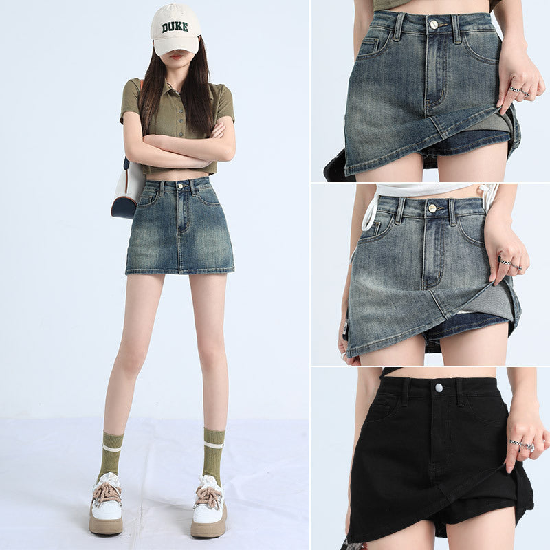 American-Style Spring and Autumn High-Waisted Elastic Slimming Retro Denim A-Line Skirt for Women, Anti-Exposure Hot Girl Bodycon Denim Mini Skirt