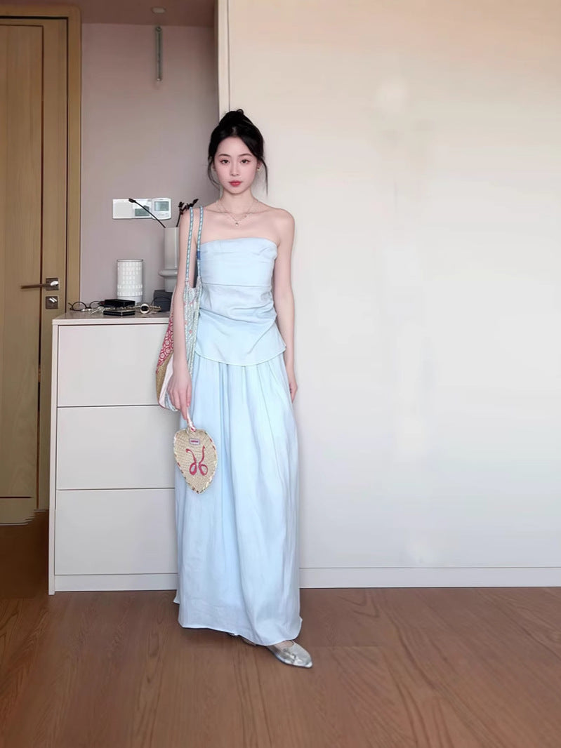 2025 Spring and Summer New Korean suit Shirt Strapless Top Skirt light blue