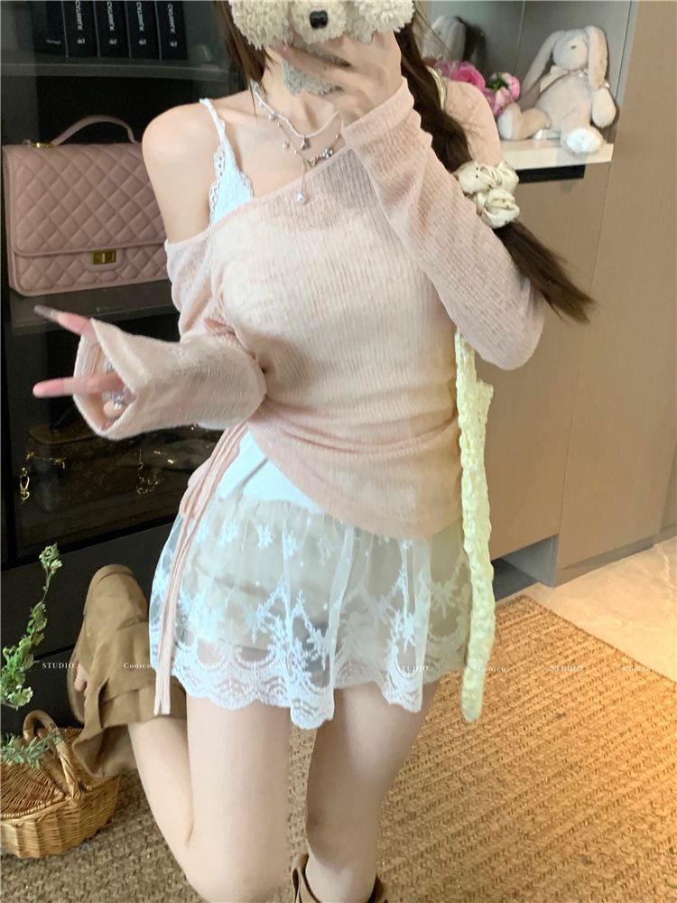 Light Green Off-Shoulder Long-Sleeved T-Shirt for Women Spring See-Through Thin Sun Protection Blouse Drawstring Slim Chic Versatile Top