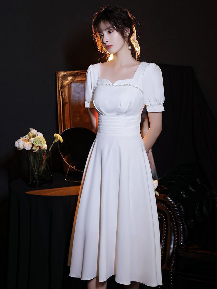 Registration Dress French Square Collar Dress White Dress Daily Wearing Engagement dress White Slim Dress