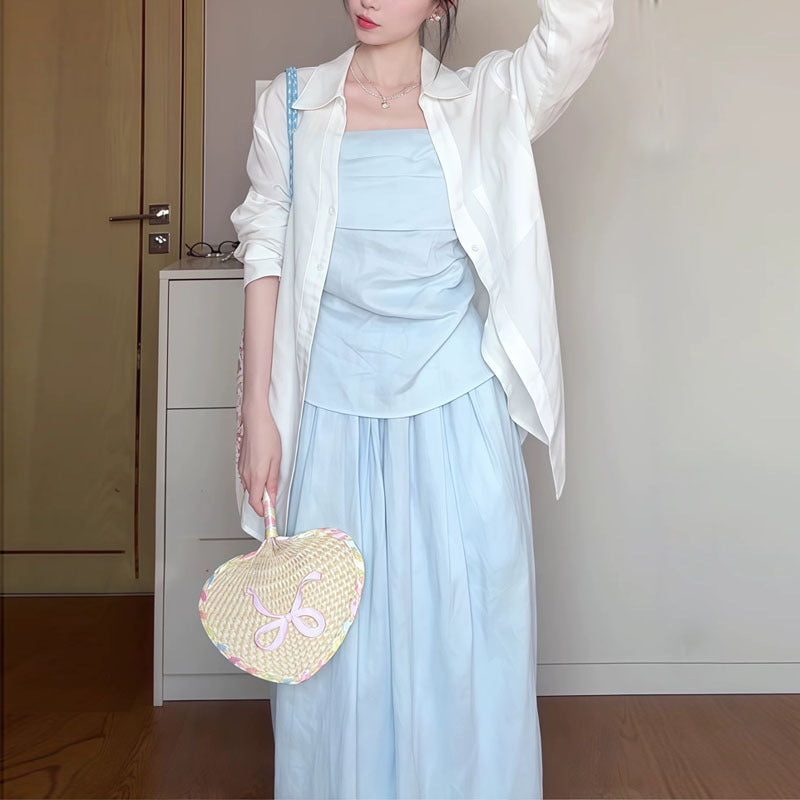 2025 Spring and Summer New Korean suit Shirt Strapless Top Skirt light blue