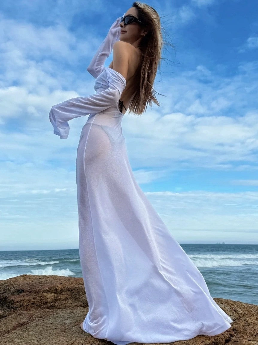 Hot Girl Sexy Backless See-Through Vacation Blouse Skirt Women's New Summer Seaside Bikini with Long-Sleeved One-Piece Swimsuit