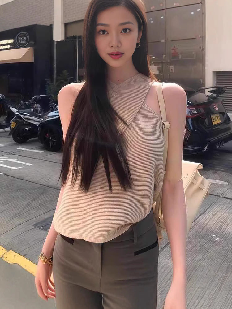 Design Sense Cross Sleeveless Knitted Vest Women's Summer 2025 New Slim-fit Spice Girls Chic Outer Wear Top