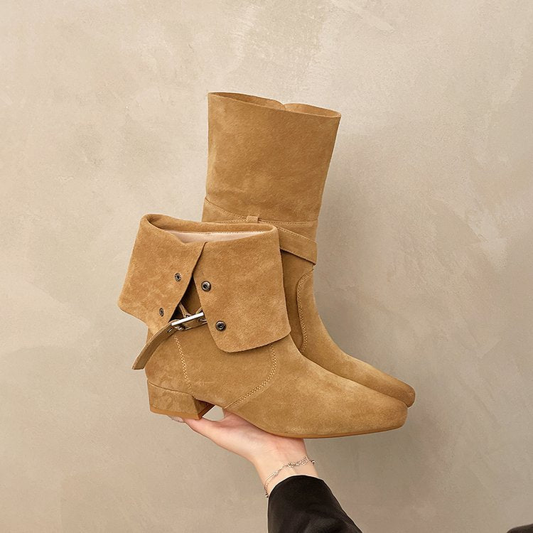 Retro Western Cowboy Boots Women's 2025 Autumn and Winter New Square Toe Slim Thick Heel Short Boots Belt Buckle Two-Wear Pile Boots