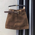 European Retro Brown Corduroy Skirt for Women, Spring, Autumn and Winter High-Waisted Slimming Look A-Line Skirt, Short Skirt, Hip-Hugging Skirt