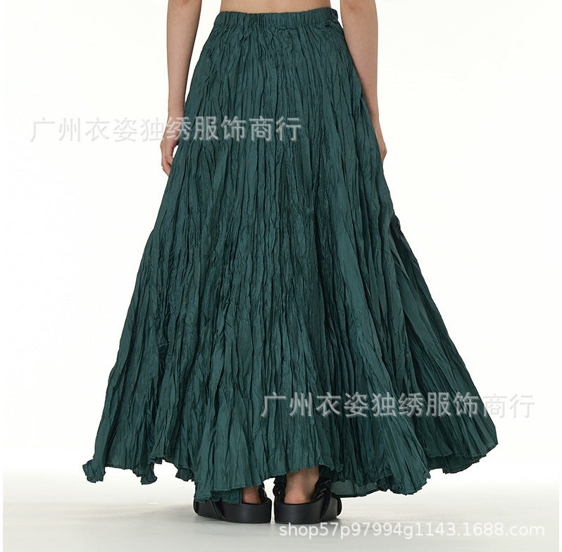 Amazon European and American Style Simple Crinkled Midi Skirt 2026 Summer New Fashion Brand Women's Clothing Trendy Versatile Oversized Flared Skirt