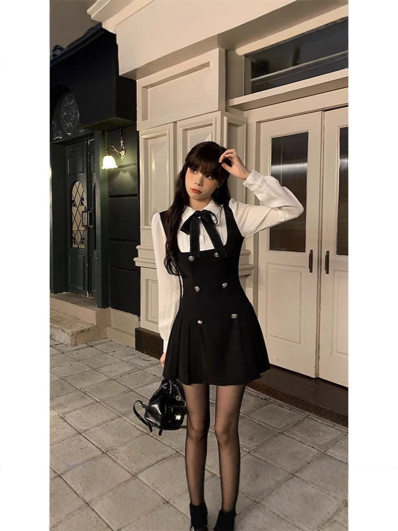French dress Autumn Fake Two-piece Long-sleeved Slim 2025 New College Style Bow Fake Two-piece dress